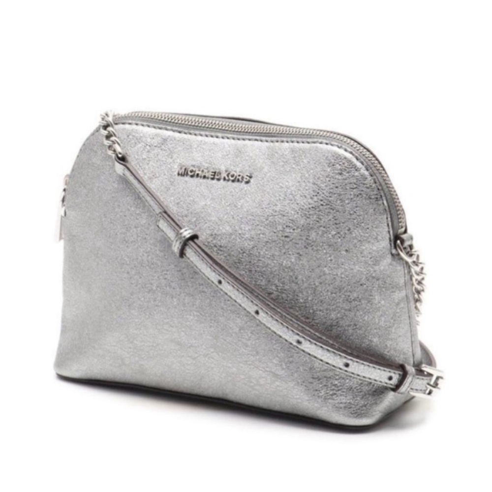Authentic Michael Kors Pale Jet Set Silver Saffiano Leather Large Dome Crossbody